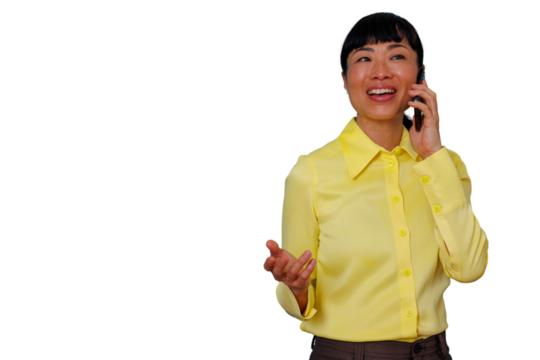 Asian professional woman talking on phone and smiling, communicating with colleagues or clients, transparent background