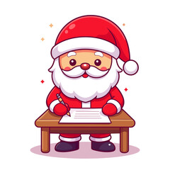 Santa Claus writing a letter with a pen on a wooden desk during Christmas