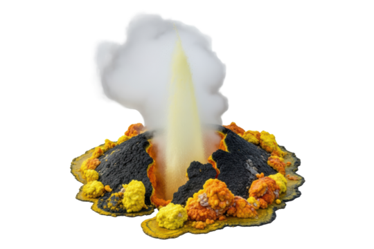Miniature diorama of a volcanic eruption with sulfur deposits on a transparent background