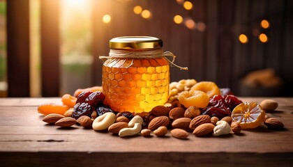 a vivid still life shows a golden honey jar at the center surrounded by dried fruits and mixed nuts spilling over a rustic table soft light and shallow depth highlight their rich textures and hues