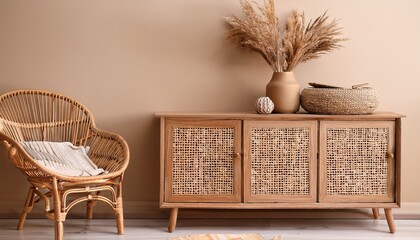 a rustic wooden cabinet with a rattan chair and dried flowers against a beige wall