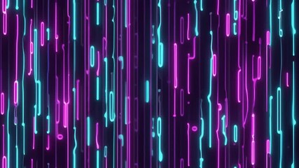 Seamless loop animation of vertical purple and cyan binary rain with dense neon streams in smooth futuristic abstract technology background - Powered by Adobe