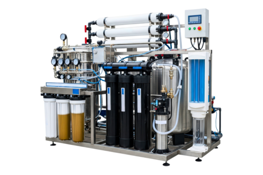 Industrial reverse osmosis water purification system machine on a transparent background