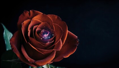 Dramatic red rose macro with a tiny glowing nebula at the center—romantic, cinematic concept image