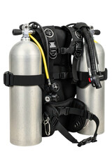 Naklejka premium Professional double tank scuba diving gear with regulators and harness on a transparent background