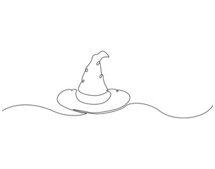 Continuous one line drawing of wizard hat. One line drawing illustration of witch hat. Halloween concept single line. Editable outline