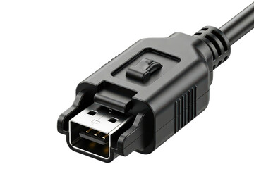 Secure locking USB Type A male connector on a black data cable on a transparent background