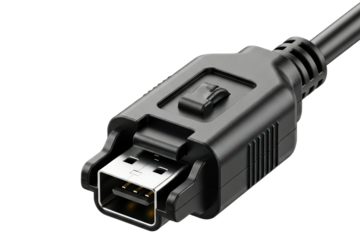 Secure locking USB Type A male connector on a black data cable on a transparent background