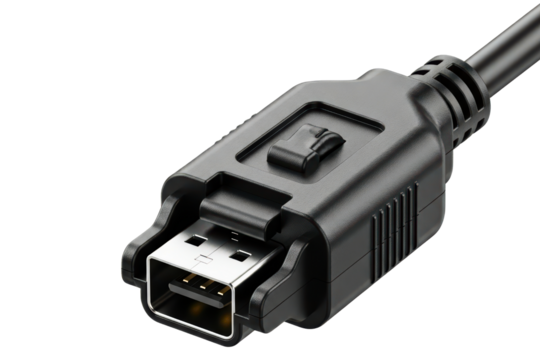 Secure locking USB Type A male connector on a black data cable on a transparent background