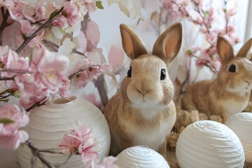Bunny-themed decorations for Easter, bright spring interior, holiday vibe. High quality photo