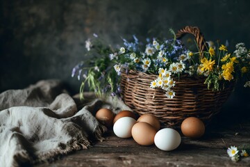 Basket of eggs on rustic table, spring flowers, holiday vibe. High quality photo