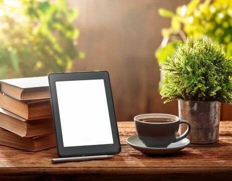 e reader coffee plant on rustic wood table