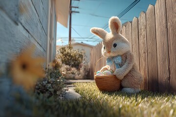 Easter bunny delivering eggs in backyard, sunny day, happy vibe. High quality photo