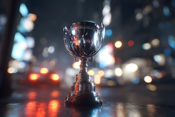 Esports trophy on table, lights and reflections, cybersport. High quality photo
