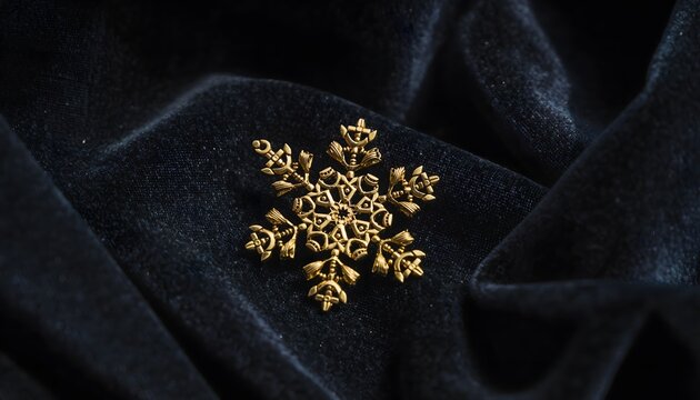 Elegant gold filigree snowflake brooch resting on deep black velvet—luxury festive accent for invitations or holiday ads