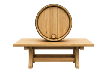 Front view of a wooden beverage barrel on a wooden table on a transparent background