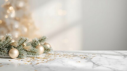 Christmas ornaments and pine needles on marble surface with bokeh lights in the background scene