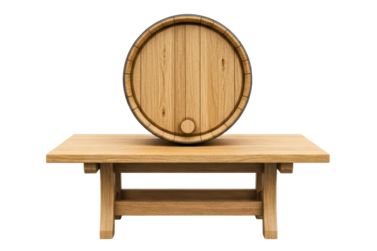 Front view of a wooden beverage barrel on a wooden table on a transparent background