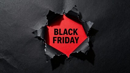 Black Friday sale promotion with torn paper effect and bold red discount message
