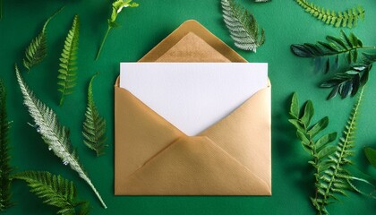 open envelope with botanical card green background