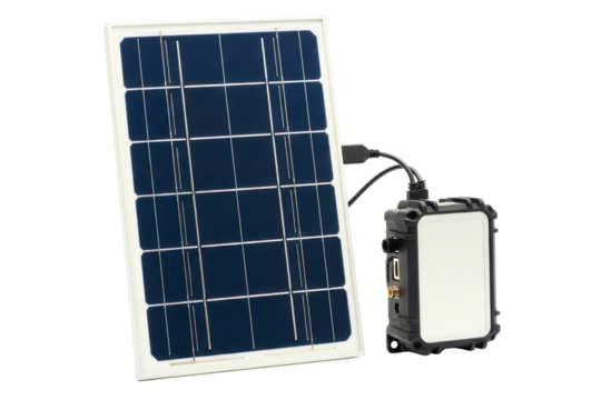 Small photovoltaic panel providing renewable energy to a battery pack on a transparent background