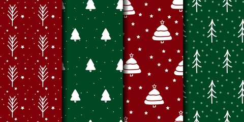 A set of vector seamless patterns featuring festive winter illustrations of hand-drawn Christmas trees with snow, on traditional green and red backgrounds. Suitable for printing, packaging, textiles