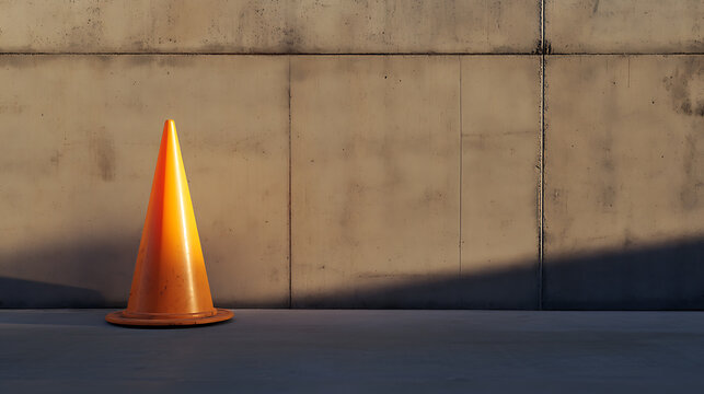 A vibrant orange cone stands against a concrete backdrop, bathed in warm sunlight. The scene is minimalist, emphasizing form and shadow. Safety and warning are themes conveyed. - Powered by Adobe