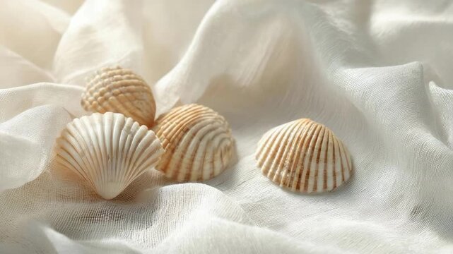 Four ribbed scallop shells on a soft white fabric.