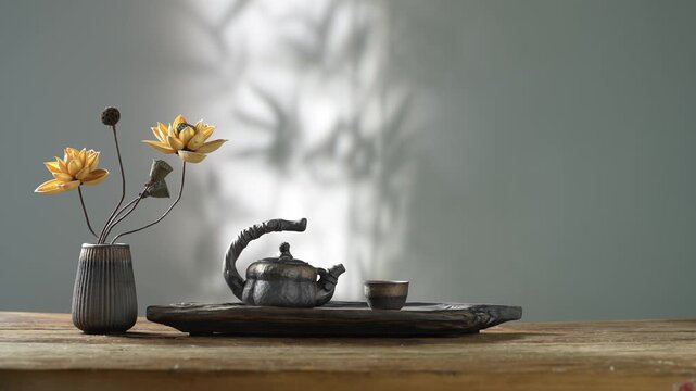 Traditional Tea Ceremony Set with Lotus Flowers and Bamboo Shadow Background for Zen Meditation and Wellness