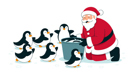 Festive Penguin Gathering: Santa Claus, a beacon of holiday cheer, surrounded by a group of delighted penguins, bringing the joy and magic of Christmas.