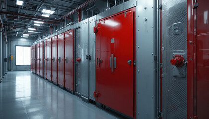 Row of industrial red doors in modern facility creates sleek and organized atmosphere. metallic surfaces and overhead lighting enhance industrial aesthetic