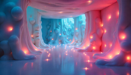 Interactive Mind Map Wall: Luminous Orbs Connected by Rearranging Light Beams in Modern Workspace

