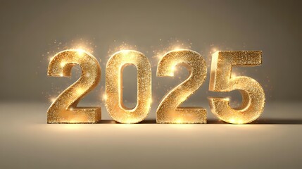 Golden 2025 year number with sparkling lights a festive design element for new year celebrations isolated on beige background