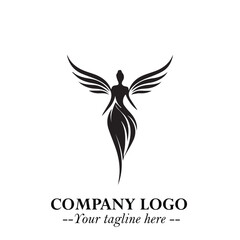 Elegant Black Angel Woman Silhouette Logo Symbol on White Background