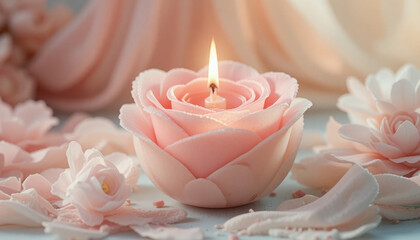 Delicate pink rose shaped candle glows warmly, surrounded by soft petals and fabric, creating serene and romantic atmosphere. gentle light enhances peaceful setting