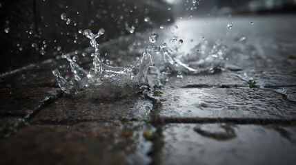 Raindrops splashing on a wet brick surface creating a dynamic water display perfect for weather-related content and atmospheric backgrounds