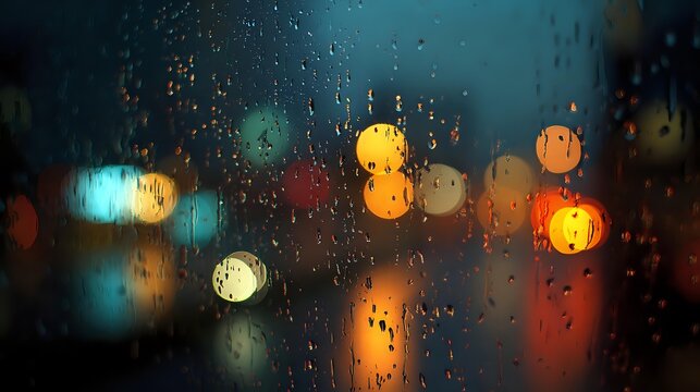 Raindrops on a window bokeh lights in the background create a moody atmosphere perfect for conveying a rainy day or night concept - Powered by Adobe