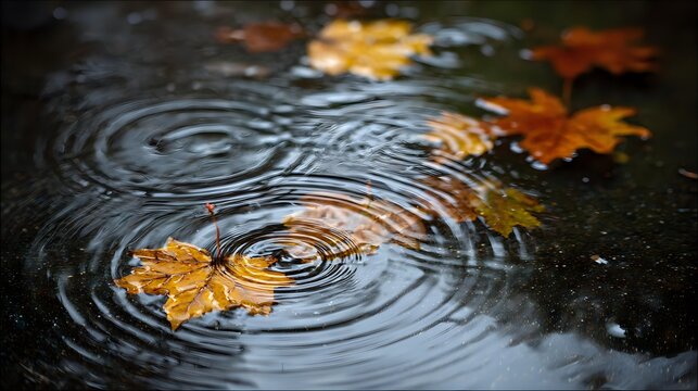 Autumn leaves floating on a puddle creating ripples in the water a seasonal nature scene