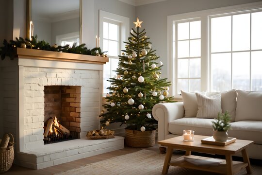 Christmas morning atmosphere with glowing fireplace and decorated tree