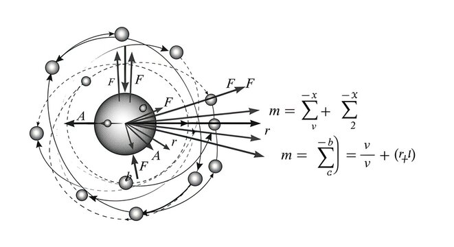 Dynamic physics model showing gravitational forces and particle motion with detailed equations, perfect for science education and visual learning resources - Powered by Adobe