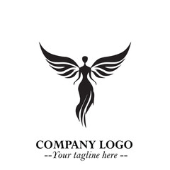 Elegant Black Angel Woman Silhouette Logo Symbol on White Background