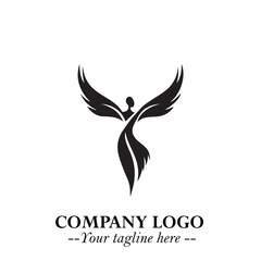 Elegant Black Angel Woman Silhouette Logo Symbol on White Background