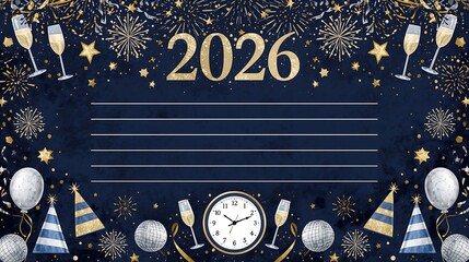 A new year celebration background with fireworks champagne and party decorations for the year two thousand twenty six