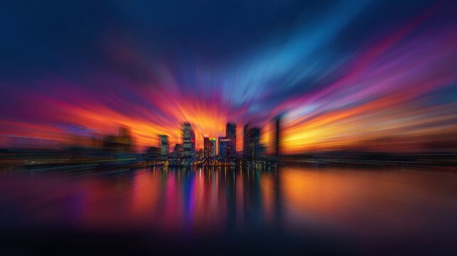 City skyline at sunset with vibrant light trails