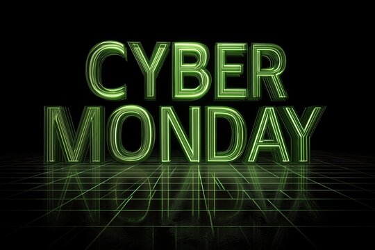 Neon green text Cyber Monday over dark grid floor perspective, subtle fog, neon reflections, cyberpunk vibe