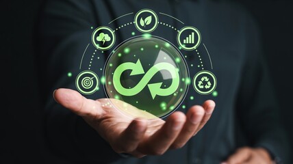 Sustainability concept in hand for eco friendly business growth and recycling, promoting environmental responsibility and corporate social responsibility, vibrant