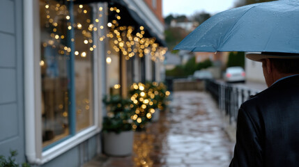 Naklejka premium A person walks with an umbrella on a rainy day, passing by a storefront adorned with warm twinkling lights, creating a cozy, inviting atmosphere despite the weather.