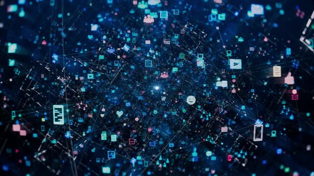 Flying Through Network of Colorful Icons, Connections and Nodes Illustrating Social Media Content and Complex Algorithms. AI Neural Network, Chatbot, Artificial Intelligence, and LLM Visualization