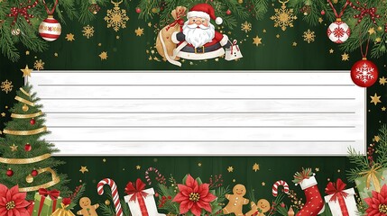 Christmas themed background with santa claus tree and space for text or message on white planks