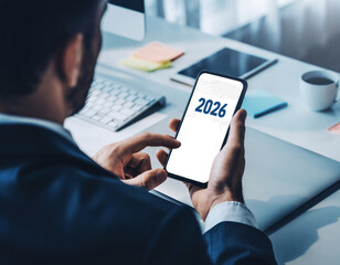Concept for financial planning and reminder for 2026. man using smartphone